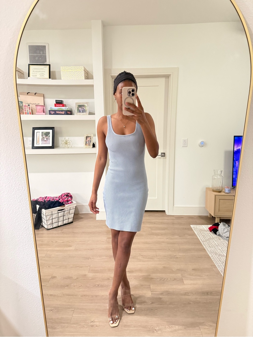Aritzia Babaton Pale Blue Scoop Neck Ribbed Mini Dress